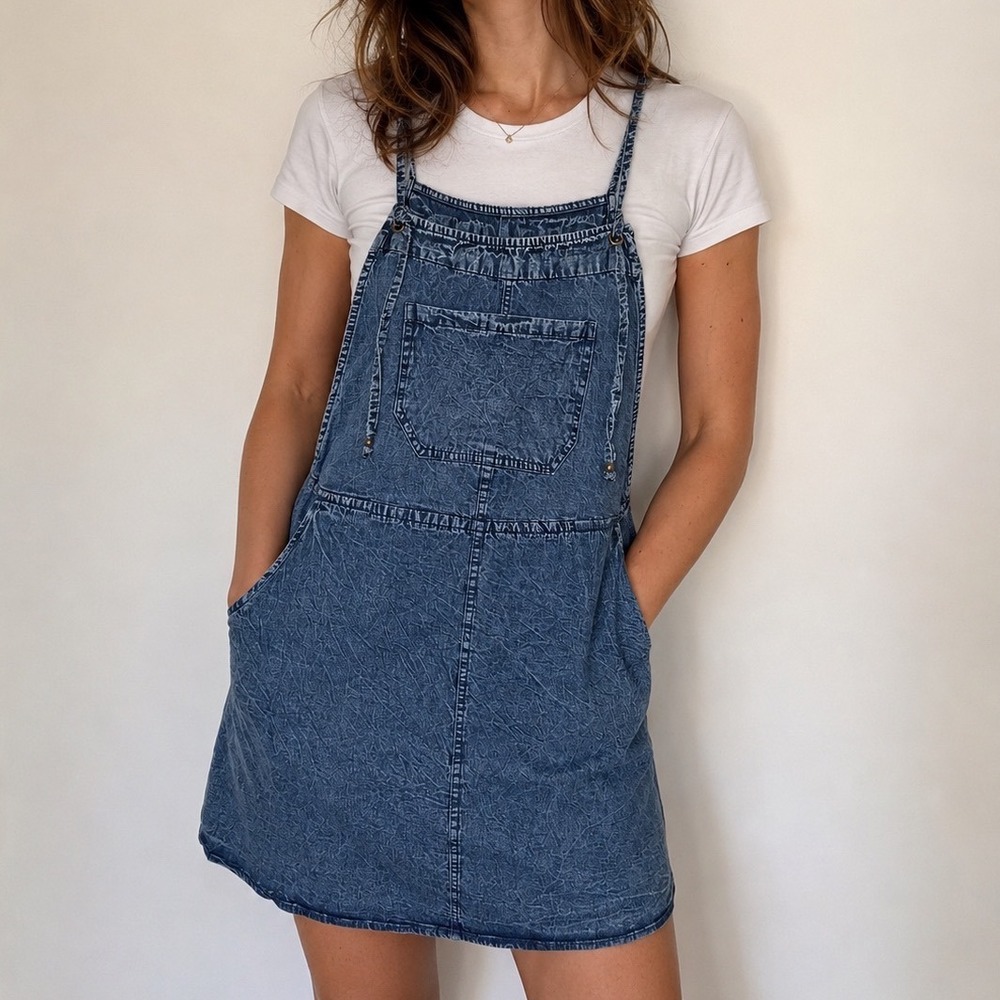 VTG Angie 90s Denim Sleeveless Dress Short Y2K 100% Cotton Med Wash SZ XL
